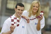 29 January 2007; Galway GAA stars, Joe Bergin and Veronica Curtin, at the Gaelic Telecom launch. The campaign will raise money directly for local GAA Clubs and schools throughout Galway. Meyrick Hotel, Eyre Square, Co. Galway. Picture credit: David Maher / SPORTSFILE