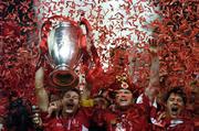 25 May 2005; Steven Gerrard, Liverpool captain, lifts the cup as his team-mates celebrate. UEFA Champions League Final, Liverpool v AC Milan, Ataturk Olympic Stadium, Istanbul, Turkey. Picture credit; David Maher / SPORTSFILE