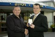 15 January 2007; Athletics coach Pat Diskin, left, receives the Irish Independent / Jurys Hotel Ballsbridge Sportstar of the Week Award, on behalf of athlete Fionnuala Britton, from Glenn Valentine, General Manager, Jury's Ballsbridge Hotel. Jurys Hotel, Ballsbridge, Dublin. Picture credit: Brendan Moran / SPORTSFILE