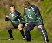 29 January 2007; Wing Andrew Trimble, right, does some stretching exercises alongside team-mate Simon Best during Ireland rugby squad training. St Gerard's School, Bray, Co. Wicklow. Picture Credit: Brendan Moran / SPORTSFILE
