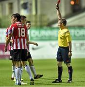12 September 2014; Gavan Holohan, Drogheda United, is shown a red card and sent off by referee Derek Tomney. FAI Ford Cup, Quarter-Final, Drogheda United v Derry City, United Park, Drogheda, Co. Louth. Photo by Sportsfile