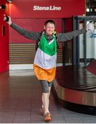 13 September 2014: Tony Mangan at Dublin Port on his arrival home to his native city after completing a four year ‘Around the World’ running odyssey- the only Irish man to ‘Run the World’. Tony will now run a 1,600 kilometre loop around Ireland, before finishing his Run the World trip when running in the SSE Airtricity Dublin Marathon on October Bank 27th. When he finishes the Dublin Marathon, he will have completed 50,000KM. Dublin Port, North Wall, Dublin. Picture Credit: Tomás Greally / SPORTSFILE