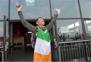 13 September 2014: Tony Mangan at Dublin Port on his arrival home to his native city after completing a four year ‘Around the World’ running odyssey- the only Irish man to ‘Run the World’. Tony will now run a 1,600 kilometre loop around Ireland, before finishing his Run the World trip when running in the SSE Airtricity Dublin Marathon on October Bank 27th. When he finishes the Dublin Marathon, he will have completed 50,000KM. Dublin Port, North Wall, Dublin. Picture Credit: Tomás Greally / SPORTSFILE