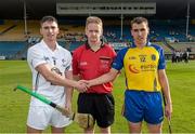 13 September 2014; The Kildare captain, Gerry Keegan, and the Roscommon captain, Hugh Rooney, shake hands accross referee Owen Elliott before the coin toss.  Bord Gáis Energy GAA Hurling Under 21 All-Ireland 'B' Championship Final, Roscommon v Kildare. Semple Stadium, Thurles, Co. Tipperary. Picture credit: Ray McManus / SPORTSFILE