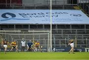 13 September 2014; Jack Browne, Keith Hogan, and Seadna Morey, Clare, face up to a penalty from Jack Guiney, Wexford, which they successfully keep out. Bord Gáis Energy GAA Hurling Under 21 All-Ireland 'A' Championship Final, Clare v Wexford. Semple Stadium, Thurles, Co. Tipperary. Picture credit: Ray McManus / SPORTSFILE