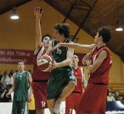 30 January 2007; Peter Herron, St Conleths Dublin, in action against Andrew Begley, left, and Jordan Carty, Abbey Vocational Donegal. U16.C. Boy's Schools Cup Finals, Abbey Vocational Donegal v St Conleths Dublin, National Basketball Arena, Tallaght, Dublin. Picture credit: Pat Murphy / SPORTSFILE