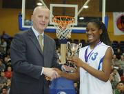 30 January 2007; Susie Enow, St Nathys Ballaghaderreen, is presented with the cup by Martin Hehir, Schools Development Officer, Basketball Ireland. U16.C. Girl's Schools Cup Finals, St Nathys Ballaghaderreen v St Marys Charleville, National Basketball Arena, Tallaght, Dublin. Picture credit: Pat Murphy / SPORTSFILE