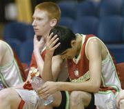 31 January 2007; A dejected George Rahmani, Calasanctius College Oranmore, Co. Galway, at the end of the game. U16.A. Boy's Schools Cup Finals, St Malachy's, Belfast v Calasanctius College, Oranmore, Co. Galway, National Basketball Arena, Tallaght, Dublin. Picture credit: David Maher / SPORTSFILE