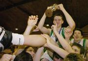 31 January 2007; Paul Dick captain of St Malachy's Belfast celebrates with his team-mates at the end of the game. U16.A. Boy's Schools Cup Finals, St Malachy's, Belfast v Calasanctius College, Oranmore, Co. Galway, National Basketball Arena, Tallaght, Dublin. Picture credit: David Maher / SPORTSFILE