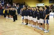 28 January 2007; Both teams stand for the National Anthem before the game. Women's Superleague National Cup Final, UL Aughinish, Limerick v Team Montenotte Hotel Cork, National Basketball Arena, Tallaght, Dublin. Picture credit: Brendan Moran / SPORTSFILE