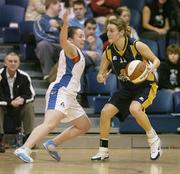 28 January 2007; Dearbhla Breen, UL Aughinish, in action against Donna Buckley, Team Montenotte Hotel Cork. Women's Superleague National Cup Final, UL Aughinish, Limerick v Team Montenotte Hotel Cork, National Basketball Arena, Tallaght, Dublin. Picture credit: Brendan Moran / SPORTSFILE