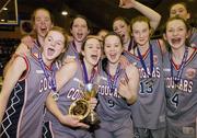 31 January 2007; Miriam Leane, captain of Presentation Castleisland, holds the cup as she celebrates with her team-mates at the end of the game. U16.A. Girl's Schools Cup Finals, Calasanctius College, Oranmore, Co. Galway v Presentation Castleisland, Co. Kerry, National Basketball Arena, Tallaght, Dublin. Picture credit: David Maher / SPORTSFILE