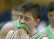 31 January 2007; A dejected Cathal Finn from Calasanctius College Oranmore at the end of the game. U19.A. Boy's Schools Cup Finals, Calasanctius College, Oranmore, Co. Galway v St Fintans High School, Dublin, National Basketball Arena, Tallaght, Dublin. Picture credit: David Maher / SPORTSFILE
