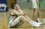 31 January 2007; A dejected Cathal Finn from Calasanctius College Oranmore at the end of the game. U19.A. Boy's Schools Cup Finals, Calasanctius College, Oranmore, Co. Galway v St Fintans High School, Dublin, National Basketball Arena, Tallaght, Dublin. Picture credit: David Maher / SPORTSFILE