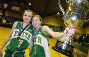 31 January 2007; Twins Sarah, left, and Becky Woods from  Holy Faith Clontarf Dublin celebrate at the end of the game. U19.A. Girl's Schools Cup Finals, Presentation Listowel, Co. Kerry v Holy Faith Clontarf, Dublin, National Basketball Arena, Tallaght, Dublin. Picture credit: David Maher / SPORTSFILE