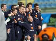 6 February 2007; Republic of Ireland players, from left, Richard Dunne, Alan Quinn, Damien Duff, Robbie Keane, Kevin Kilbane, Steve Finnan, and Lee Carsley, front, pose for a photo during squad training. Serravalle Stadium, San Marino. Picture Credit: Brian Lawless / SPORTSFILE