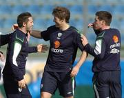 6 February 2007; Republic of Ireland players Robbie Keane, left, Kevin Kilbane, centre, and Steve Finnan celebrate after a training match during squad training. Serravalle Stadium, San Marino. Picture Credit: Brian Lawless / SPORTSFILE