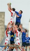 13 September 2014; Greg Jones, Leinster, contests the lineout with Lorcan Dow, Ulster. Under 20 Interprovincial, Ulster v Leinster, Kingspan Stadium, Ravenhill Park, Belfast, Co. Antrim. Picture credit: Oliver McVeigh / SPORTSFILE