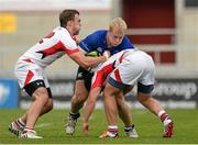 13 September 2014; Jeremy Loughman, Leinster, is tackled by Conor McKee, left, and San Arnold, Ulster. Under 20 Interprovincial, Ulster v Leinster, Kingspan Stadium, Ravenhill Park, Belfast, Co. Antrim. Picture credit: Oliver McVeigh / SPORTSFILE