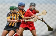 14 September 2014; Aoife Murray, Cork, in action against Shelly Farrell, left, and Michelle Quilty, Kilkenny. Liberty Insurance All Ireland Senior Camogie Championship Final, Kilkenny v Cork, Croke Park, Dublin. Picture credit: Ramsey Cardy / SPORTSFILE