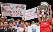 14 September 2014; Cork captain Anna Geary lifts the O'Duffy cup. Liberty Insurance All Ireland Senior Camogie Championship Final, Kilkenny v Cork, Croke Park, Dublin. Photo by Sportsfile