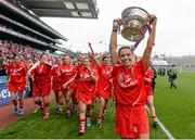 14 September 2014; Cork captain Anna Geary and teammates celebrate with the the O'Duffy cup after the game. Liberty Insurance All Ireland Senior Camogie Championship Final, Kilkenny v Cork, Croke Park, Dublin. Photo by Sportsfile