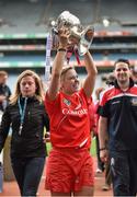 14 September 2014; Cork captain Anna Geary celebrates with the the O'Duffy cup after the game. Liberty Insurance All Ireland Senior Camogie Championship Final, Kilkenny v Cork, Croke Park, Dublin. Photo by Sportsfile