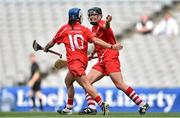 14 September 2014; Cork's Jennifer O'Leary, left, celebrates with team-mate Angela Walsh after Walsh scored her side's second goal. Liberty Insurance All Ireland Senior Camogie Championship Final, Kilkenny v Cork, Croke Park, Dublin. Picture credit: Ramsey Cardy / SPORTSFILE