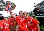 14 September 2014; Sarah Hayes, left, and Jennifer O'Leary, Cork, celebrate with the O'Duffy cup after the game. Liberty Insurance All Ireland Senior Camogie Championship Final, Kilkenny v Cork, Croke Park, Dublin. Photo by Sportsfile