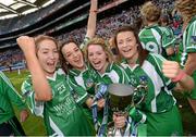 14 September 2014; Limerick players, from left, Jane Wilson, Donna Mulcahy, Katie Hennessy and Leanne Browne celebrate after the game . All Ireland Intermediate Camogie Championship Final, Kilkenny v Limerick, Croke Park, Dublin. Photo by Sportsfile