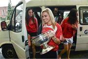 15 September 2014; Cork camogie captain Anna Geary arriving with her team-mate's for a visit by the All-Ireland Senior & Intermediate Camogie Champions to Our Lady's Children's Hospital, Crumlin. Picture credit: David Maher / SPORTSFILE