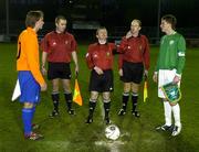 7 February 2007; Referee Derek Tomney tosses the coin in the company of Siem De Jong, Holland, and Michael Spillane, Republic of Ireland, with his linesmen Andrew Maher, right, Robert Daly. Under 18's International, Republic of Ireland v Holland, Richmond Park, Dublin. Picture Credit: Pat Murphy / SPORTSFILE