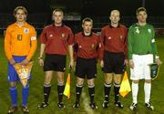 7 February 2007; Referee Derek Tomney with Siem De Jong, Holland, Michael Spillane, Republic of Ireland, with his linesmen Andrew Maher, right, Robert Daly. Under 18's International, Republic of Ireland v Holland, Richmond Park, Dublin. Picture Credit: Pat Murphy / SPORTSFILE