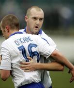 10 February; Linfield's Aidan O'Kane celebrates with team-mate Paul McAreavey after scoring his side's second goal. JJB Sports Irish Cup, 6th round, Ards v. Linfield, Clandeboye Park, Bangor, Co Down. Russell Pritchard / SPORTSFILE