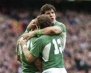 11 February 2007; Ronan O'Gara, 10, Ireland, celebrates his try against France with team-mates Shane Horgan and Gordon D'Arcy, 13. RBS Six Nations Rugby Championship, Ireland v France, Croke Park, Dublin. Picture Credit: Matt Browne / SPORTSFILE