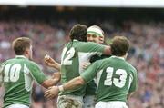 11 February 2007; Ireland's Ronan O'Gara, 10, celebrates his try against France with team-mates Shane Horgan, 12, Denis Hickie and Gordon D'Arcy, 13. RBS Six Nations Rugby Championship, Ireland v France, Croke Park, Dublin. Picture Credit: Matt Browne / SPORTSFILE