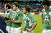 11 February 2007; Dejected Ireland players, left to right, Geordan Murphy, Marcus Horan, Issac Boss and Shane Horgan, at the end of the game. RBS Six Nations Rugby Championship, Ireland v France, Croke Park, Dublin. Picture Credit: David Maher / SPORTSFILE