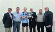 13 September 2014; Eoin Kennedy, Dublin, holds the cup, with GAA officials, left to right, former Chairman of the Leinster Council Martin Skelly, Leinster Council PRO John Greene, Uachtarán CLG Liathróid Láimhe Willie Roche, Chairman of the GAA Post Primary Council Albert Fallon, and sponsor Martin Donnelly. M Donnelly All-Ireland 60x30 GAA Handball Men's Open Senior Singles Final, Robbie McCarthy, Westmeath v Eoin Kennedy, Dublin. Abbeylara, Co. Longford. Picture credit: Dáire Brennan / SPORTSFILE