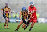 14 September 2014; Aine Connery, Kilkenny, in action against Jennifer O'Leary, Cork. Liberty Insurance All Ireland Senior Camogie Championship Final, Kilkenny v Cork, Croke Park, Dublin. Picture credit: Ramsey Cardy / SPORTSFILE