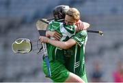 14 September 2014; Limerick's Caoimhe Costello, left, and Niamh Mulcahy celebrate at the end of the game. All Ireland Intermediate Camogie Championship Final, Kilkenny v Limerick, Croke Park, Dublin. Picture credit: Ramsey Cardy / SPORTSFILE