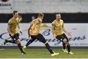 15 September 2014; Karl Sheppard, right, Shamrock Rovers, celebrates with teammates after scoring his side's second goal of the game. FAI Ford Cup Quarter-Final Replay, Dundalk v Shamrock Rovers. Oriel Park, Dundalk, Co. Louth. Photo by Sportsfile