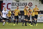 15 September 2014; Karl Sheppard, centre, Shamrock Rovers, is congratulated by teammates after scoring their side's second goal of the game. FAI Ford Cup Quarter-Final Replay, Dundalk v Shamrock Rovers. Oriel Park, Dundalk, Co. Louth. Photo by Sportsfile