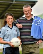 16 September 2014; Dublin ladies footballer Leah Caffrey and her dad John, who was part of the 1983 All-Ireland winning Dublin men’s team were at Parnell Park today to mark the launch of AIG’s free Dublin jersey promotion. AIG is rewarding customers who take out a new car or home insurance policy from www.aig.ie or 1890 27 27 27 with a free kids’ Dublin jersey, or €40 off an adults’ Dublin jersey. Vouchers should be redeemed on the O’Neill’s website: http://www.oneills.com/aig.html. Photo by Sportsfile