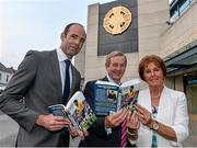 16 September 2014; An Taoiseach Enda Kenny, T.D., centre, with Dermot Earley junior and his mother Mary Earley, right, officially launched the authorised Biography of the Late Dermot Earley, entitled &quot;Dermot Earley, An Officer And A Gentleman&quot; by John Scally. Croke Park, Dublin. Picture credit: David Maher / SPORTSFILE