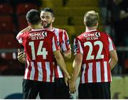 16 September 2014; Rory Patterson, Derry City, centre, is congratulated by Michael Duffy after scoring his second and his side's fourth goal. FAI Ford Cup, Quarter-Final replay, Derry City v Drogheda United, Brandywell, Derry. Picture credit: Oliver McVeigh / SPORTSFILE