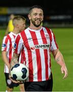 16 September 2014; Rory Patterson, Derry City, with the match ball after scoring a hat-trick during the game. FAI Ford Cup, Quarter-Final replay, Derry City v Drogheda United, Brandywell, Derry. Picture credit: Oliver McVeigh / SPORTSFILE