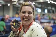 17 September 2014; Team Ireland's Carrie Doyle, from Dun Laoghaire, Co Dublin, and a member of Blackrock Flyers Special Olympics Club, who won a Silver medal in the Mixed Doubles table tennis event. 2014 Special Olympics European Games, Antwerp, Belgium. Picture credit: Ray McManus / SPORTSFILE