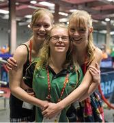 17 September 2014; Team Ireland's Meghan O'Halloran, from Co Cork, and a member of Owenabue Gymnastics Club Carrigaline, with her twin sisters Kate, left, and Eamear at the games. 2014 Special Olympics European Games, Antwerp, Belgium. Picture credit: Ray McManus / SPORTSFILE