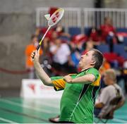 17 September 2014; Team Ireland's Gregory Addlesberger, from Foxford, Co Mayo and a member of Mayo Special Olympics Club, competing in his first match of the Badminton singles event at the Antwerp Expo. 2014 Special Olympics European Games, Antwerp, Belgium. Picture credit: Ray McManus / SPORTSFILE