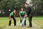 17 September 2014; Irish cricket has been given a multi-million Euro boost thanks to a 10-year sponsorship deal with Indian conglomerate Shanpoorji Pallonji Group. The multinational Indian conglomerate is investing in the future of Irish cricket and will take up naming rights for Cricket Ireland Academy which will now be known as &quot;Shapoorji Pallonji Cricket Ireland Academy&quot;. In addition to holding the naming rights to the Cricket Ireland Academy, Shapoorji Pallonji will also become an official partner of Cricket Ireland. Pictured at the announcement are Minister for Transport Tourism and sport Paschal Donohue T.D. with Cricket Ireland Academy players Elena Tice, left, and Fiona Gill. The Pavilion, Trinity College, Dublin. Picture credit: David Maher / SPORTSFILE